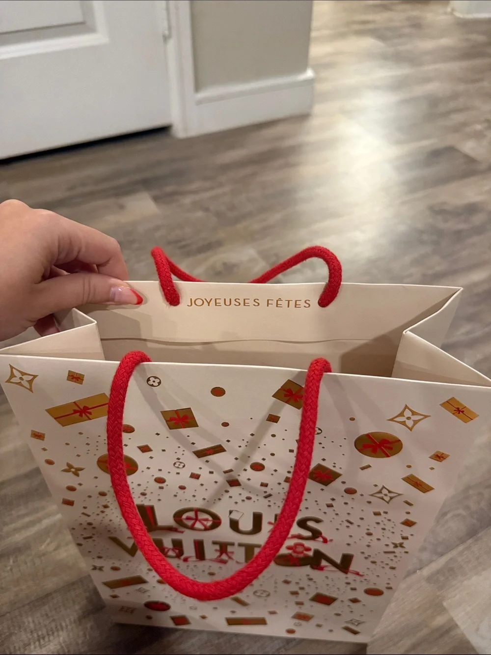 Louis Vuitton White Gift Bag with Gold Foil and Red Handles